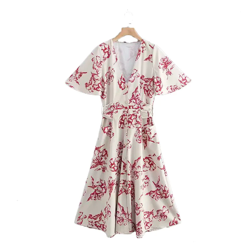 

Summer V-Neck Women Dress Women Casual Printed Floral Short Dress Vintage Slim England Style Sundress with Bow