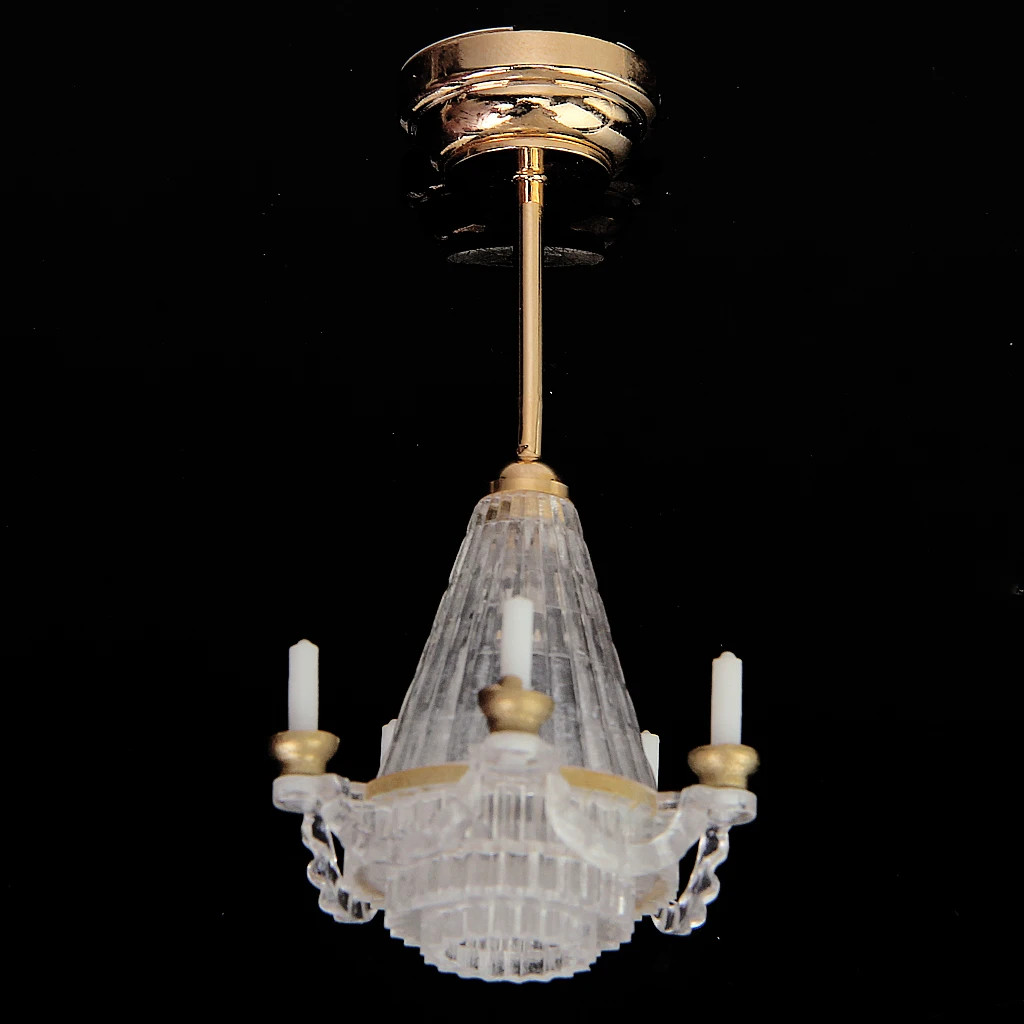 Modern Design Dollhouse Mini Transparent Chandelier LED Lamp with Battery, Doll House Decor Accessories