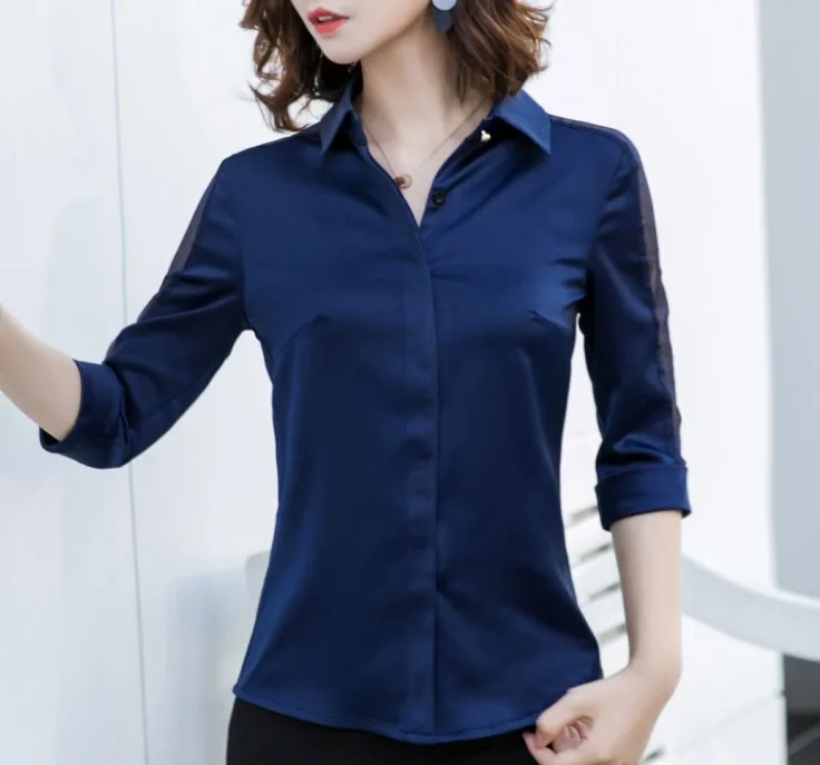 Fashion women Satin shirt Summer new half sleeve casual loose blouses office ladies plus size work wear tops - Цвет: Navy blue