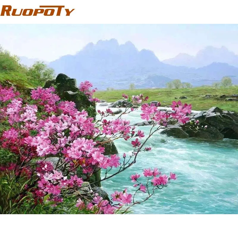 

RUOPOTY Frame Flower River Landscape Diy Painting By Numbers Handpainted Oil Painting Home Wall Art Picture For Room Decoration