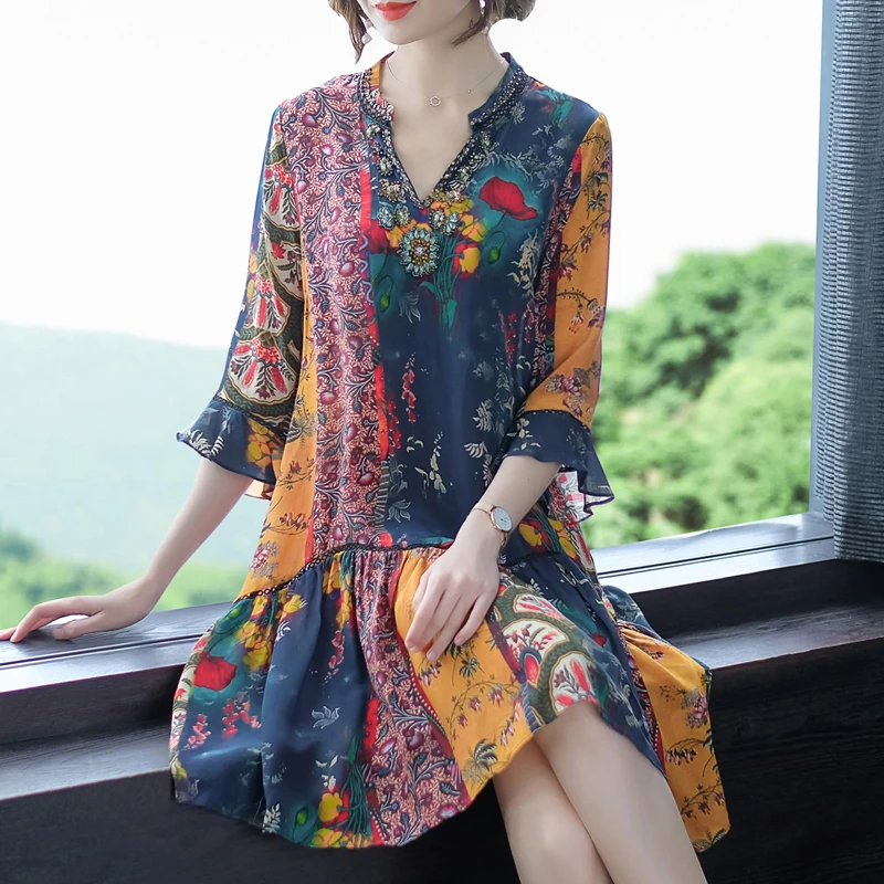 

4xl 3xl New deisgn silk luxury beading dress women Fashion Spring Summer Boho loose Knee-Length Dress Elegant Dress Vestidos