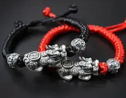 Настоящее S925 серебряный браслет черный, красный веревка Ретро Pixiu шарик сутра подарок любовника 16cmL Новый