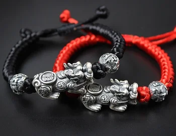 Real S925 Silver Bracelet Black Red Rope Retro Pixiu Bead Sutra Lover Gift 16cmL New Real S925 Silver Bracelet Black Red Rope Retro Pixiu Bead Sutra Lover Gift 16cmL New