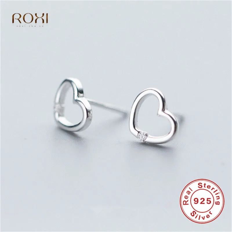 Серьги-гвоздики в форме сердца ROXI для женщин и девушек, минималистичное ювелирное изделие, 925 пробы, серебряные маленькие серьги с цирконием