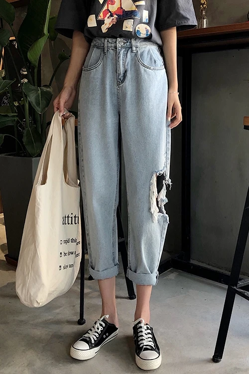 S-XL autumn korean style High Waist jeans Lady Casual straight side hole denim jeans womens mom jeans womans(78212