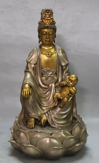 

xd 002531 12" Marked China Buddhism Purple Bronze 24K Gold Pure Silver Kwan-yin Boy Statue
