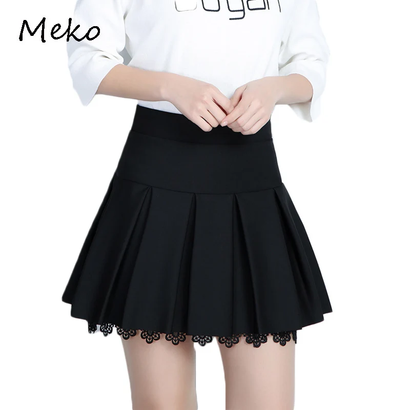 

New Spring Summer Women's Skirt Korean Pop Fashion Short Skirt Pure Black Pleated A-skirt Short Sexy Lace Summer Skirt CW63