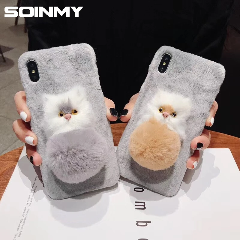 Soinmy теплые плюшевые меховые чехол для iPhone xs max случае 3D стильная футболка с изображением персонажей видеоигр Cat Жесткий PC задняя крышка для iPhone SE 5 6 6S 7 8 x xr xs случае