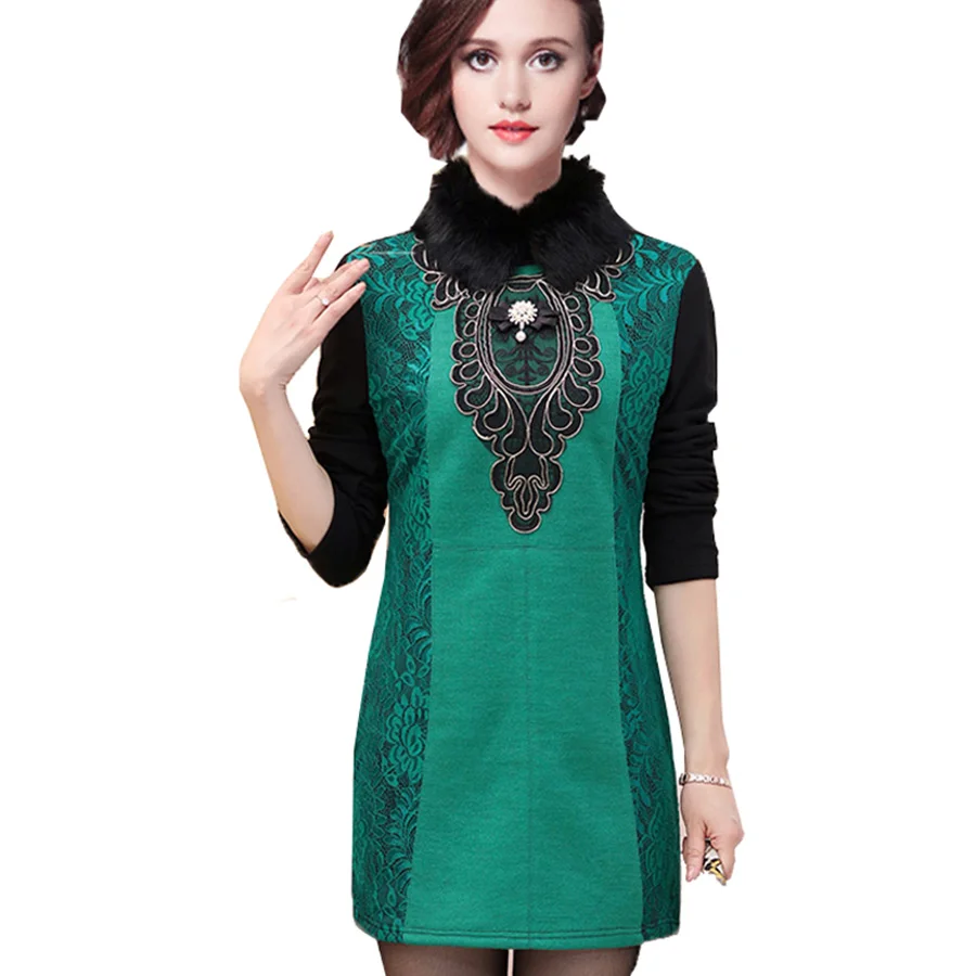 

Winter Thick Warm Faux Fur Collar Dress 2018 Spring Tunic Embroidery Vintage Female Casual Women Dress Blue Red Green XL~4XL