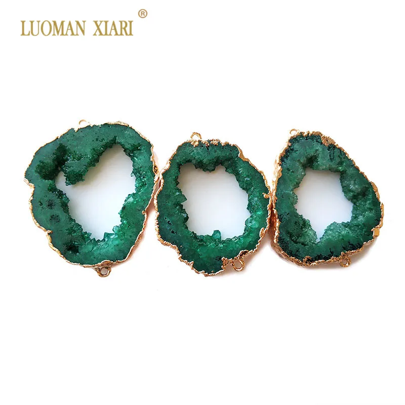 

1 PCS Natural Unique Green 2 Circle Connection Drusy Crystal Stone Pendant Irregular Geode DIY Necklace For Jewelry Making