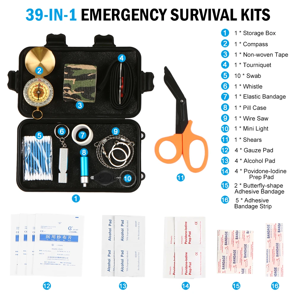 Outdoor Survival Tool Emergency Survival Kit Multi Tool First Aid Essential Supplies Kit for Hiking Hunting Camping Equipment