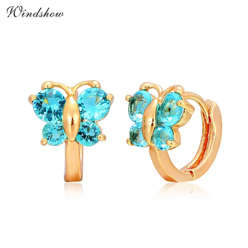 5 colors Baby Girls Small Round Circles Huggies Hoop Earrings Gold Color Butterfly Cubic Zircon Jewellery For Kids Children Aros - Окраска металла: blue