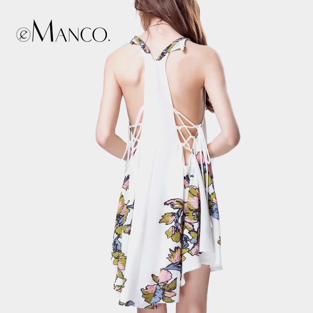 e-Manco Floral Beach Boho White Sexy dress Novelty Backless Strap hollow out Irregular Print Mini Dress women dress summer
