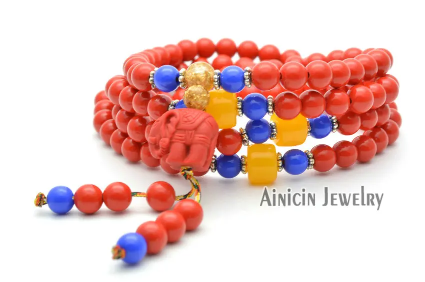 2021 Red Color Semi Precious Stone Cinnabar Animal Charms Elephant Bracelets Blue Yellow Spacer