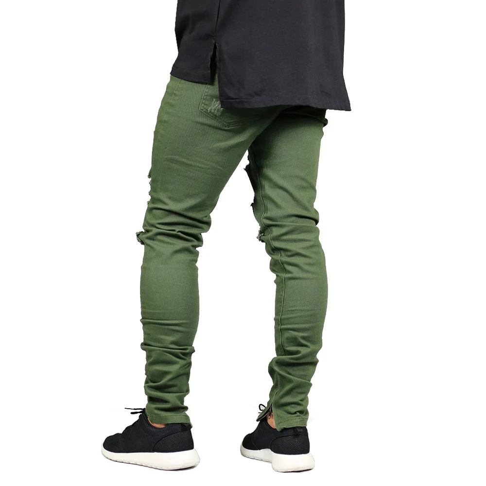 Мужские рваные джинсы на молнии, Стрейчевые модные армейские зеленые рваные мужские обтягивающие джинсы Y2631