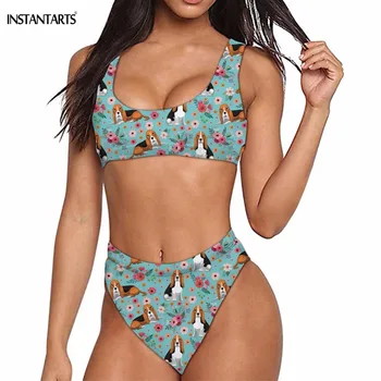 

INSTANTARTS Cute 3D Dog Basset Hound Flower Print Woman Bikini Set Push Up Beach Swimsuits High Waisted Swimming Suit for Women