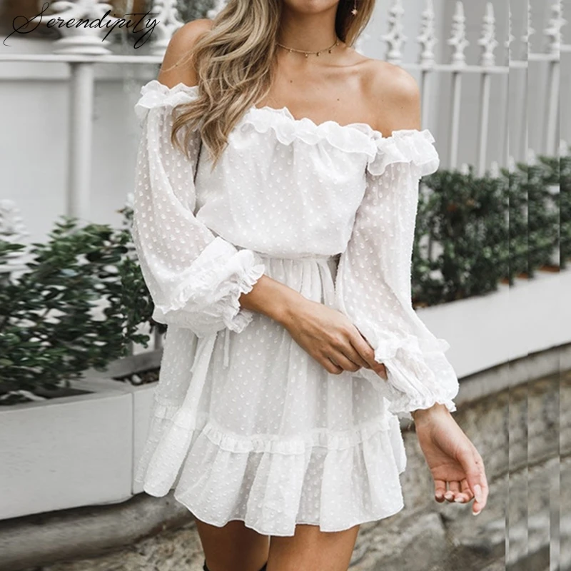 

SRDP Summer Sexy Off Shoulder Bohemia Beach Dress Fashion Women Elegant Vintage Sweet Lace Dot Stylish Ruffle Dress Vestidos