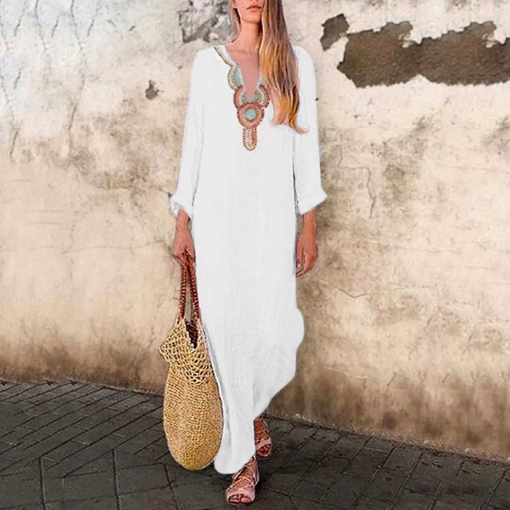 Women's Printed Maxi Dress Sleeve V-neck Maxi Dress Split Hem Baggy Kaftan Long dresses woman party night beach dresses 2019