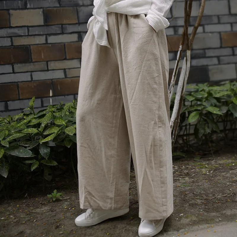 

Autumn New Elegant Office Lady Loose Straight Cotton Linen Pants, Spring Brief Beige Black High Quality Loose Long Trousers