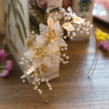 Dower me Handmade Beaded Gold Leaf Tiara Bridal Hair Crown Hairband Crystal Wedding Tiaras Hair Jewelry Women Accessories