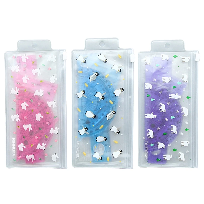 

4 Pcs/set New Kawaii Straight Ruler ruler+Protractor+Ruler Stationery Set school office supplies ruler set student