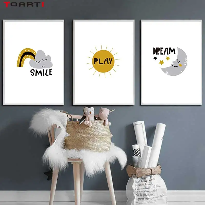 

Cartoons Children Prints Posters Rainbow Moon Clouds Canvas Painting On The Wall Sun Art Picture For Baby Kids Bedroom Home Deco