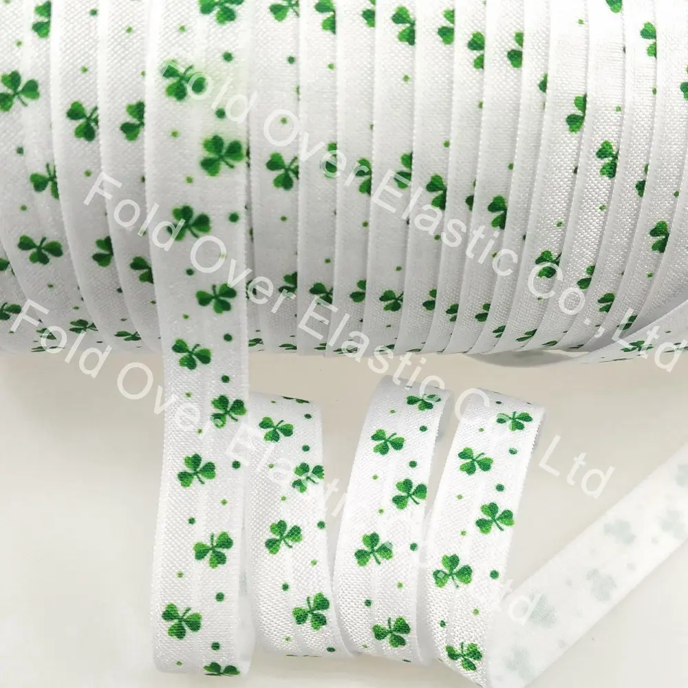 

5/8" shamrock printed fold over elastic for St . Patrick's Day hair tie, 100yards/lot