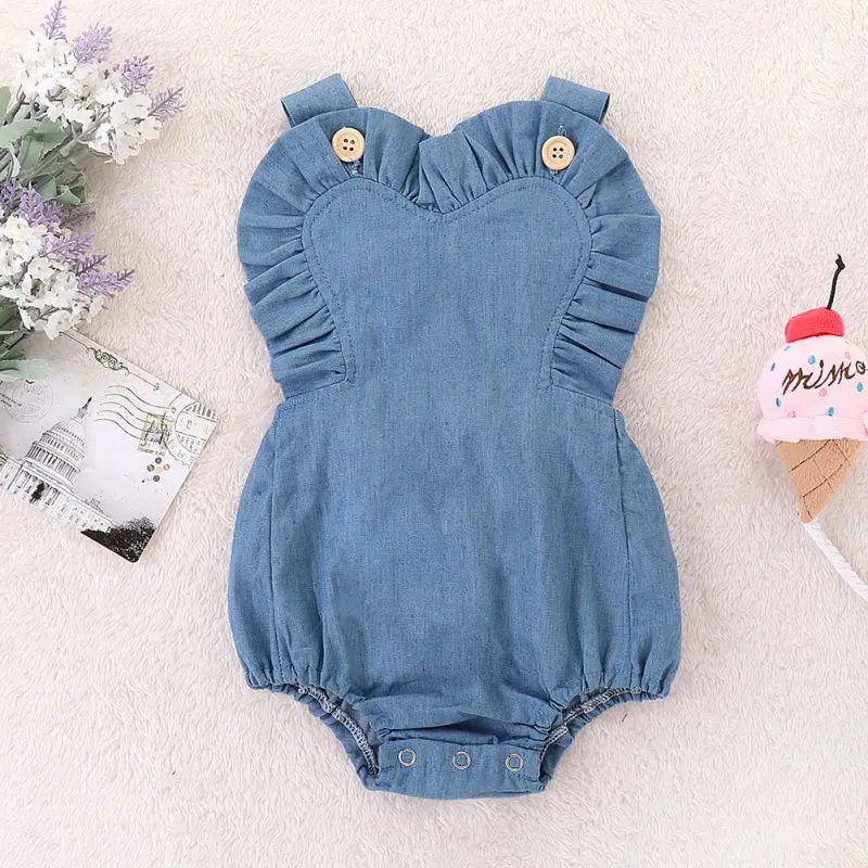 

2019 New Baby Romper Cotton Heart-shaped Ruffled Denim Romper Solid Sleeveless Infant Girls Boys Outfits