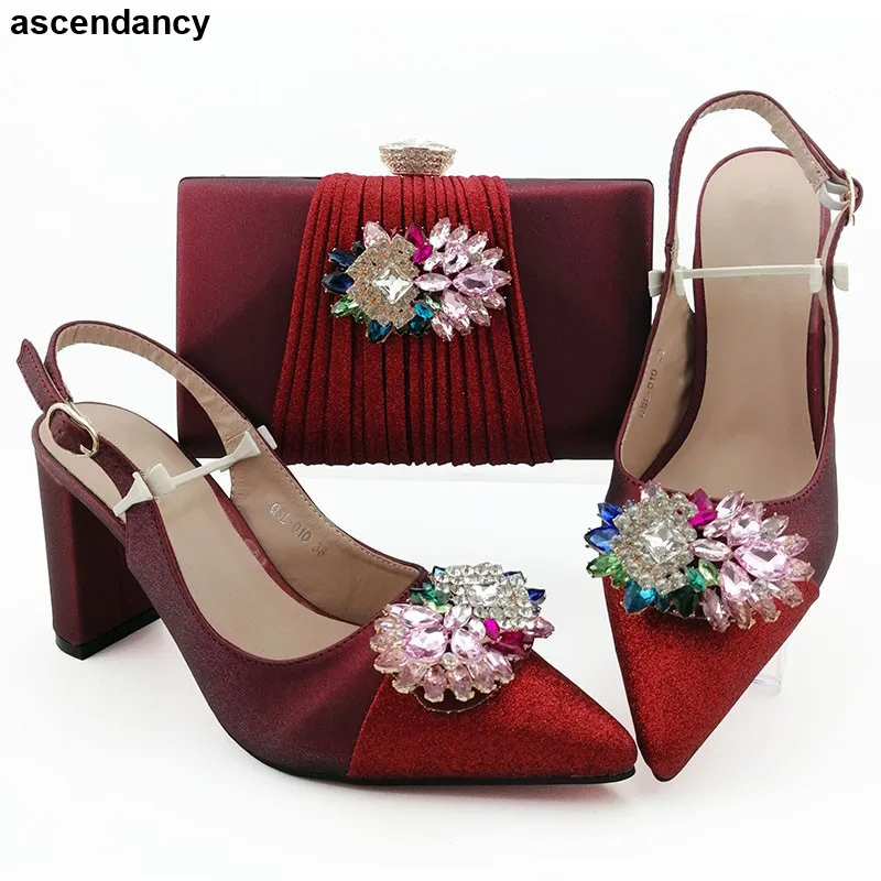 

New Arrival Women Italian African Party Pumps Shoe and Bag Set Decorated with Rhinestone Plus Size Shoe Women Heel Wedding Pumps