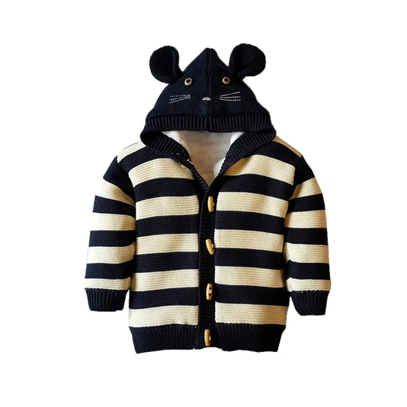 

Winter Hooded Cartoon Striped Kids Sweater Boys Girls Long Sleeve Animal Mouse Coat Fleece Thicken Clothes Warm Children Tops