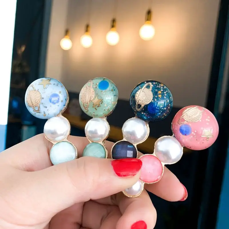 

2019 Fashion Planet Crystal Imitation Pearl Hair Clips for Women Metal Hair Clip Elegant Sweet Girls Clips BB Handmade Barrettes