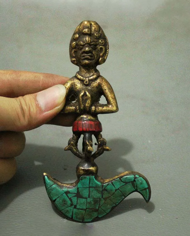 

Chinese Tibet Buddhism Turquoise Bronze Buddha Dorje Phurpa Vajra Pestle Ax