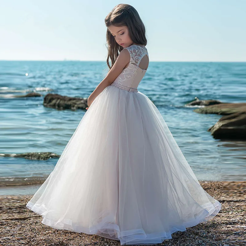 

Flower Girl Dresses First Holy Communion Pageant Sleeveless Lace applique Beauty pageant Party Birthday Tulle Dresses