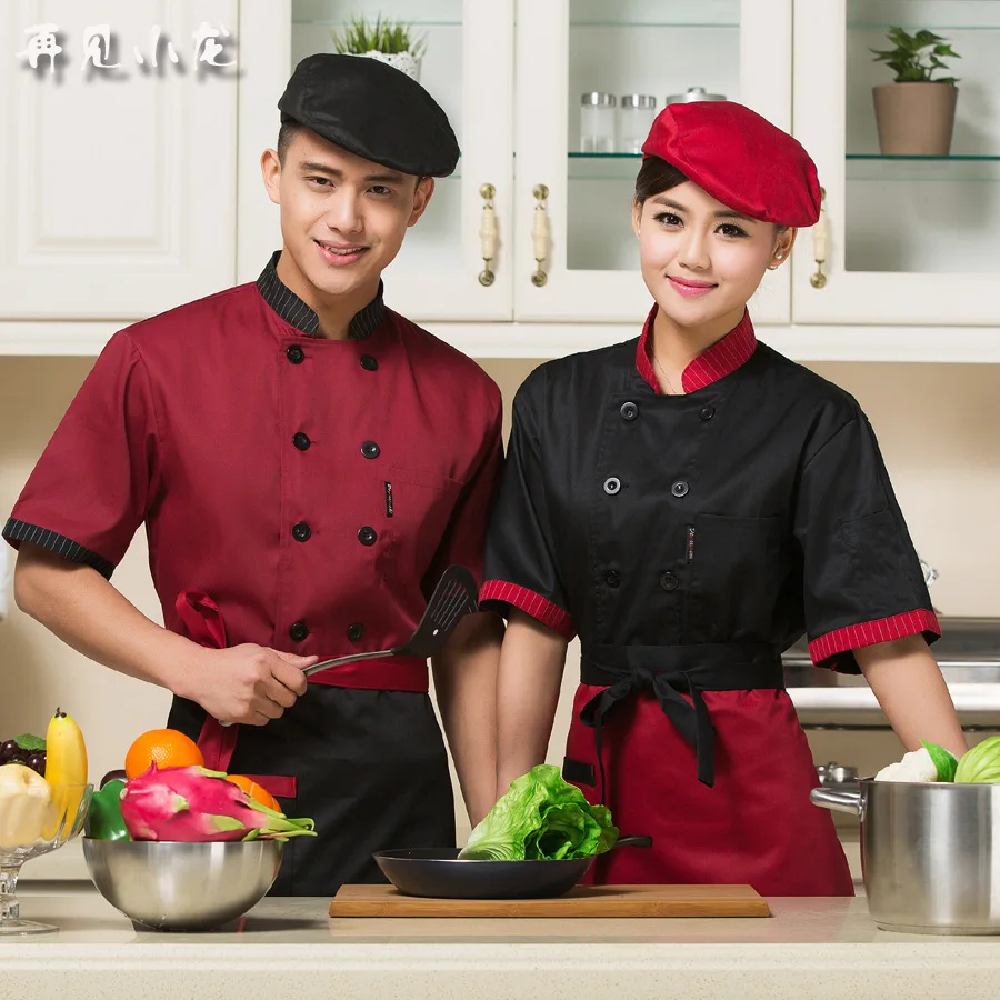 Short Sleeve Stand Collar Chef Jacket Colorfast and Shrink Resistant Cotton Kichen Black Uniform Baker Clothes B-6042 | Тематическая