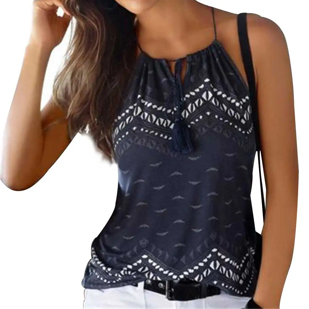 Синий New Hot Women brtoadcloth Sleeveless hollow out Halter Neck Boho Printed Vest casual camis Tops for Summer fashion sexy - Цвет: Синий