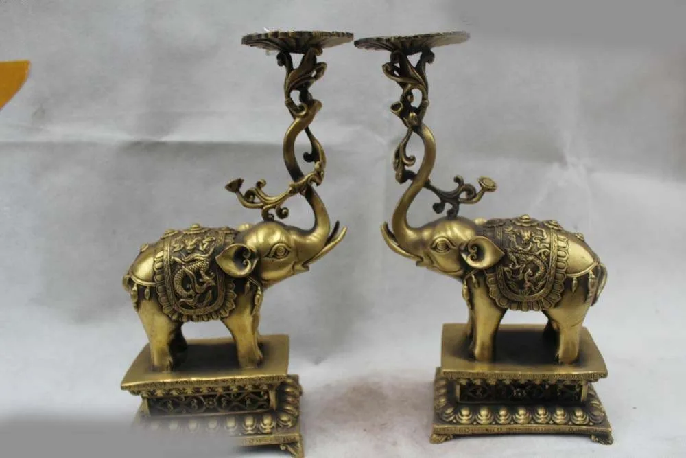 

12"China Chinese Brass Elephant Dragon Candle Holder Candlestick Statue Pair
