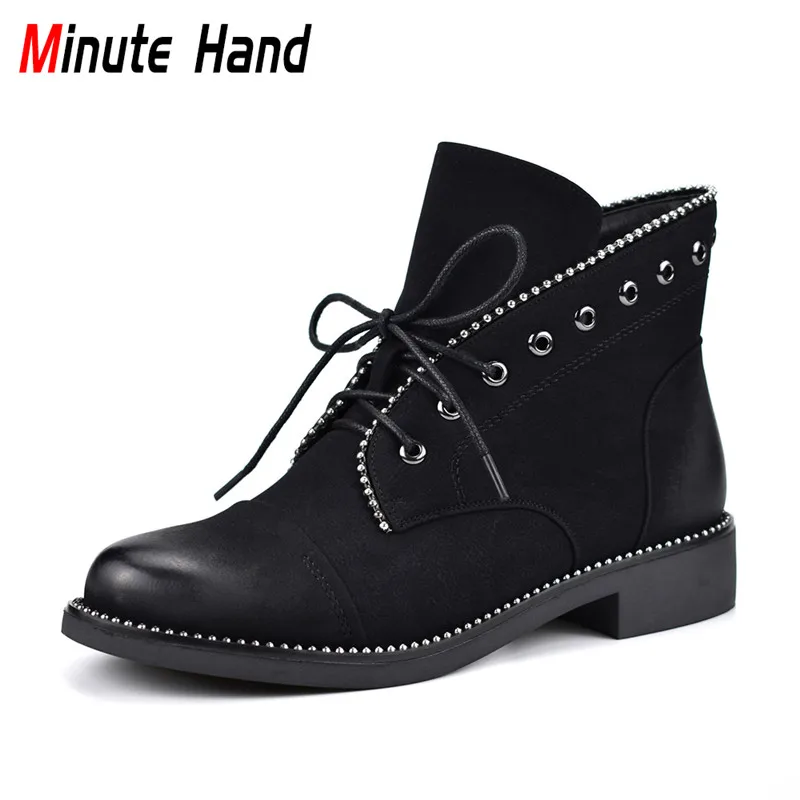 

Minute Hand New Fashion Sanding Boots For Women Lace Up Female Ankle Boots Square Low Heels Round Toe Women Boots Autumn Winter