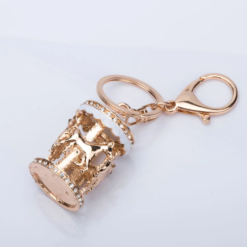 

Women Handbag Bag Key Chain Ring Novelty Charm Rhinestone Carousel Car Keychain Trojans Keyring Holder Jewelry Gift