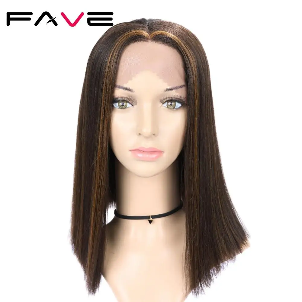

FAVE Lace Front Silk Synthetic Straight Wig Ombre Color Black Brown 14 Inch Middle Part For Black Women Heat Resistant Fiber