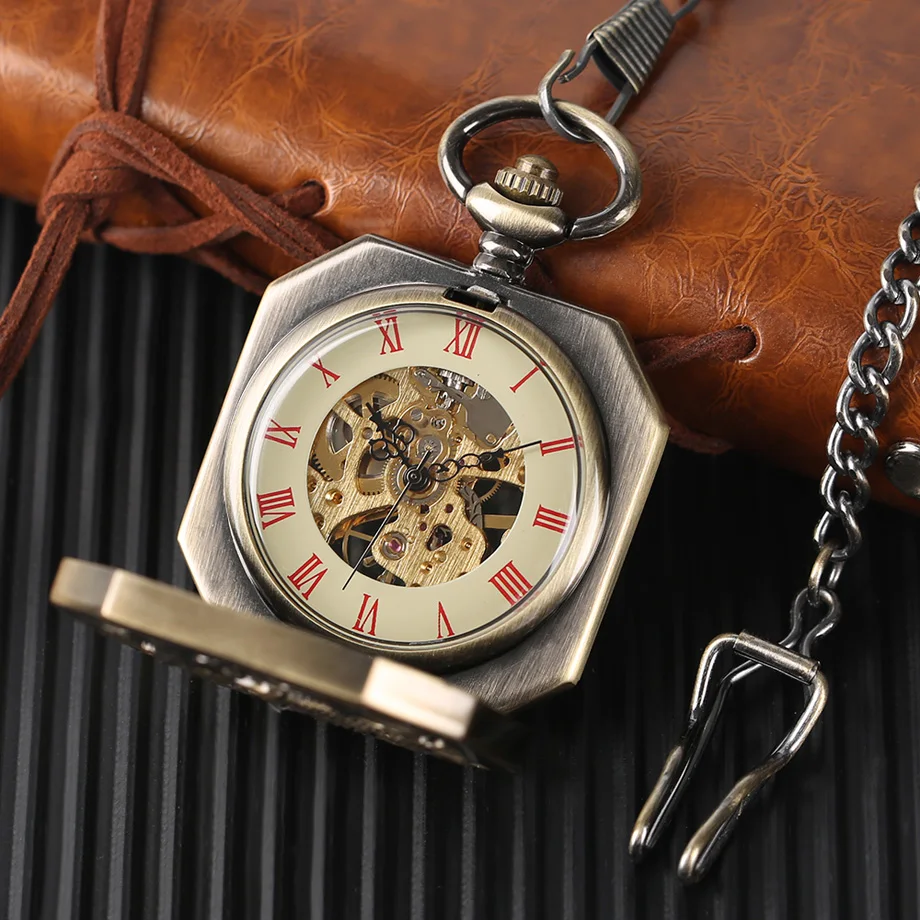 Luxury Bonze Double Tiger Pocket Watch Irregular Red Roman Numbers Mechanical Hand Wind Watches Steampunk Men Unique Clock Gift (3)