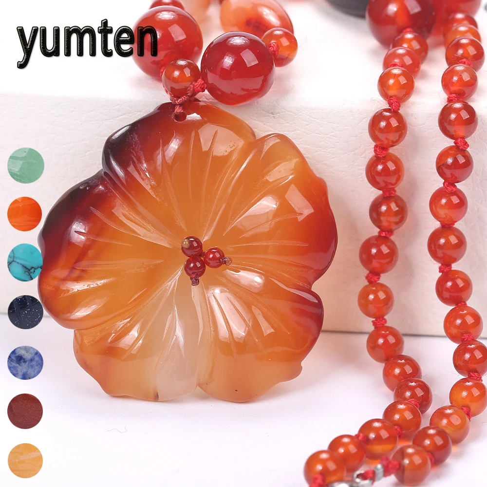 

Yumten Agate Pendant Necklaces Sweater Chain Crystal Stone Jewelry Women Beaded Accessories Ethnic Femme chain Flower Colgante
