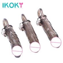 IKOKY Reusable Condoms Cock Ring Clitoris Stimulator Vibrating Penis Sleeve Sex Toys for Men Black Simulation Dildo