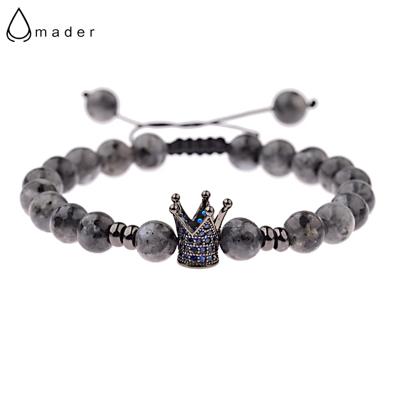 

Amader Charm Men Luxurious Natural Stone Bead Bracelets Crown Blue Zircon Rope Braided Bracelet Women Adjustable Pulseras ABL020