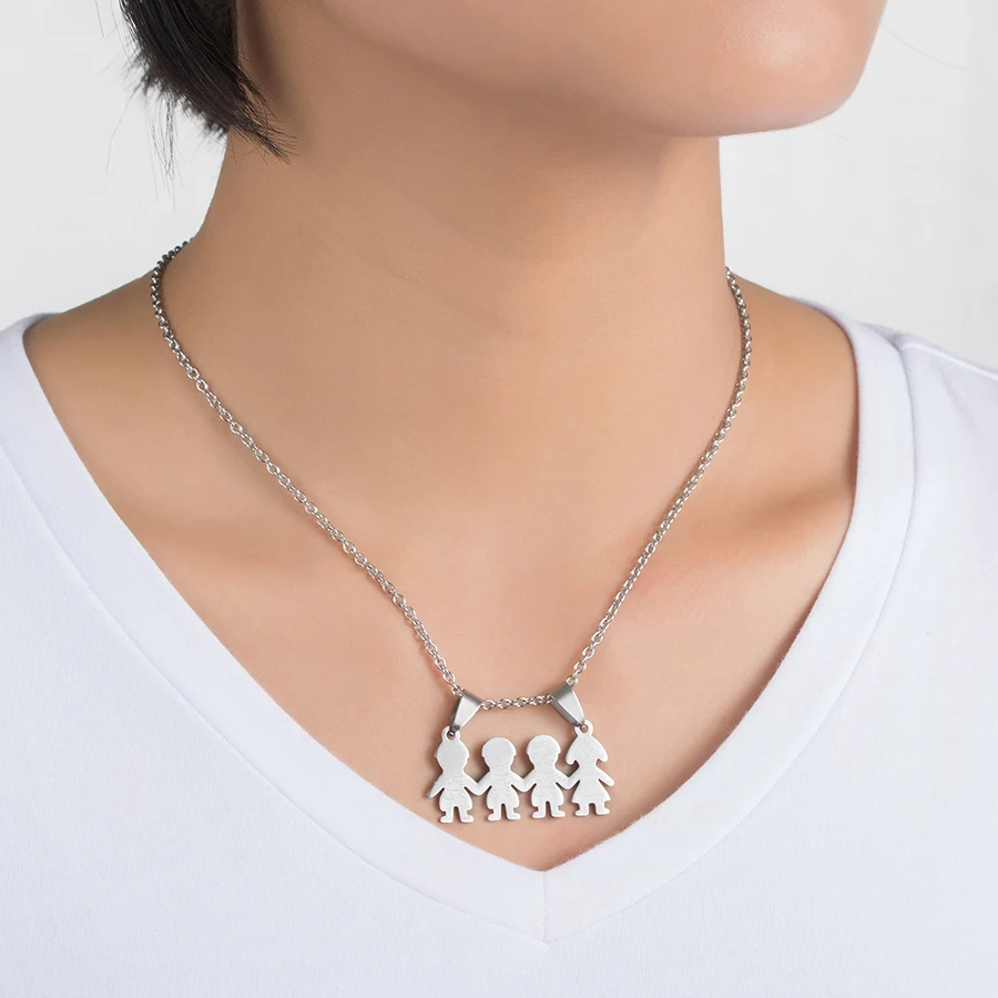 HOBBORN Cartoon Family Serise Women Pendant Necklaces Titanium Steel Twins Brother Sister Mother Pendants Necklaces Jewelry Gift