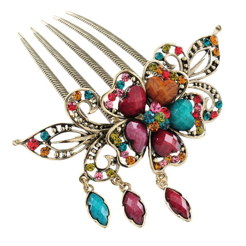 Fashion Women Hair Accessory Retro Rhinestone Flower Tuck Comb Hair