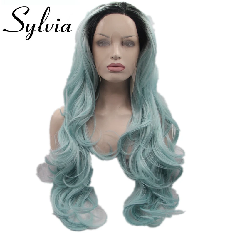 Sylvia Long mint blue long wavy synthetic lace front wigs for women mix