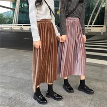Для женщин юбки новые женские Модные Высокая талия эластичные однотонная плиссированная юбка длиной до лодыжки универсальные бархатная юбка