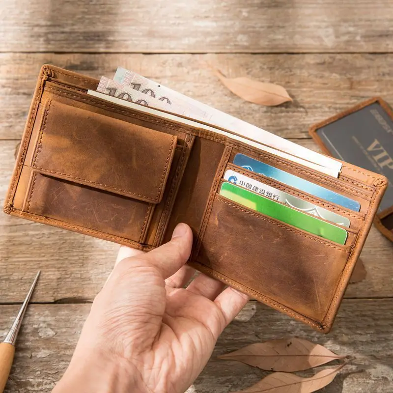 

Genuine Leather Men Handmade Crazy Horse Skin Vintage Brown Slim Mini Wallet Card Holder Man Short Small Coin Pockets Purse