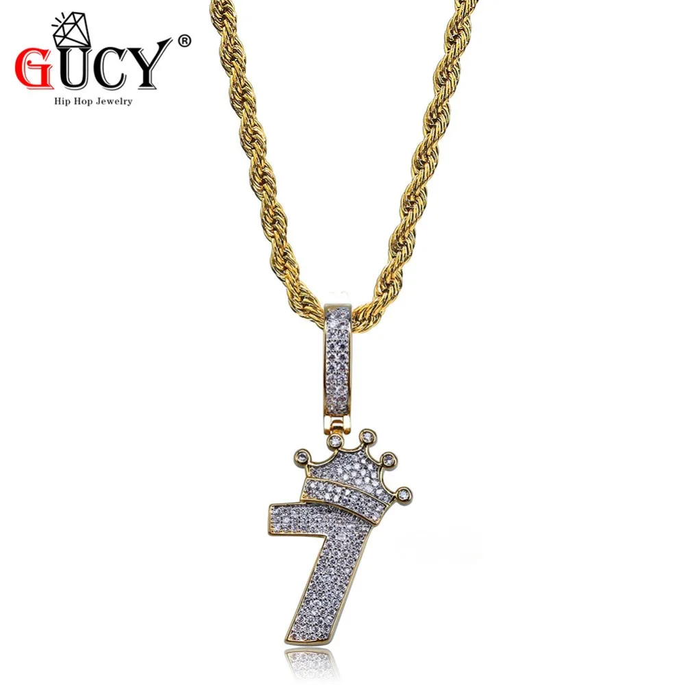 

GUCY New Hip Hop Crown NO. 7 Pendant Necklace All Iced Out Number Micro Pave Cubic Zircon Gold Silver Plated Men's Jewelry Gifts
