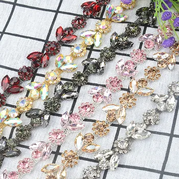 

60cm Champagne Crystal Leaves Flowers Rhinestone Chain Ribbon Trims For DIY Crafts Wedding Decoration Sewing Applique Gold
